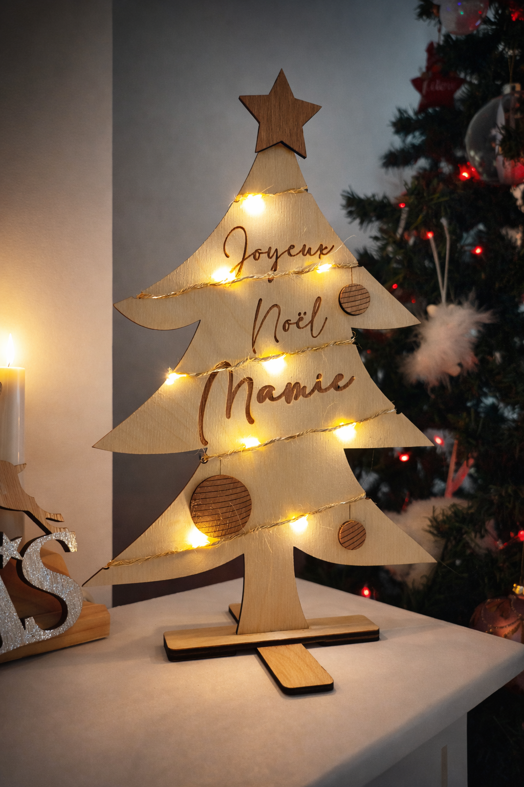 Sapin de Noël en bois personnalisé avec lumière
