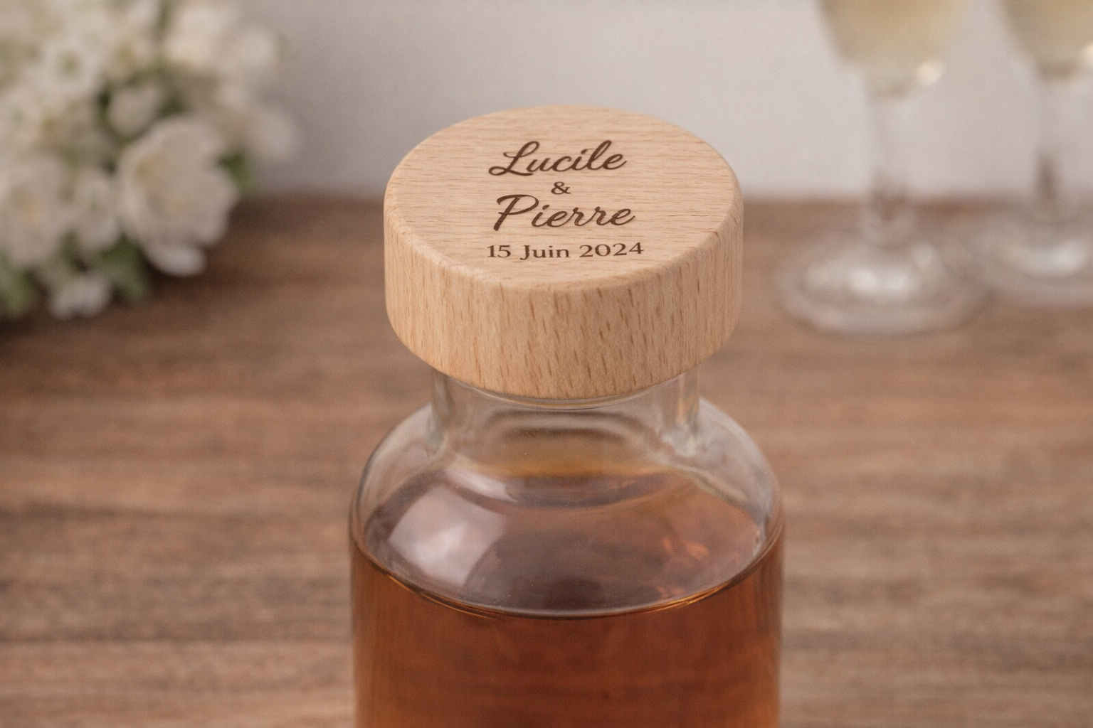 Bouchon de bouteille de vin personnalisé en bois gravé